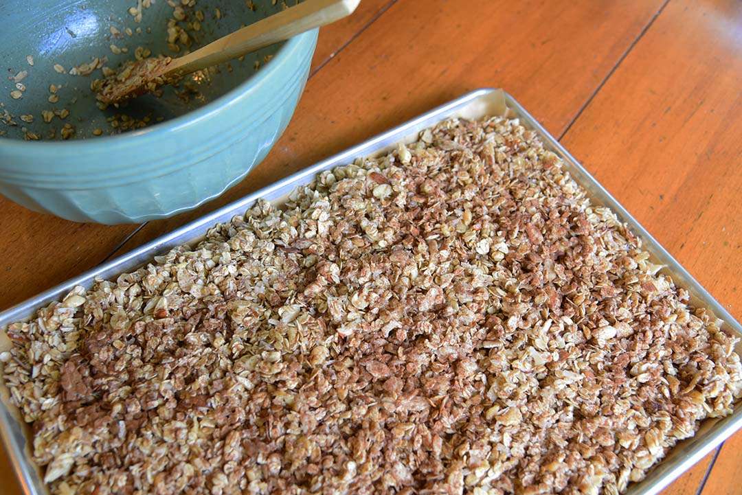 Tara's Homemade Granola - pour mixture onto baking sheet