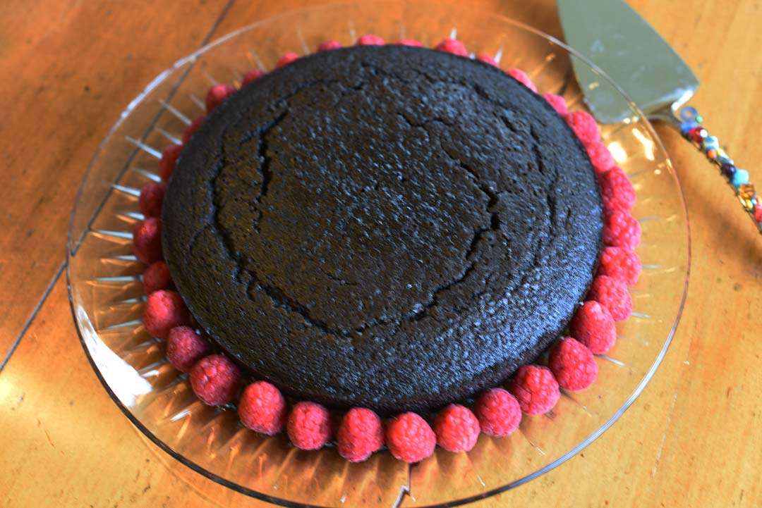 Chocolate Cake with Raspberries for Wine Tasting - Cake ringed with raspberries