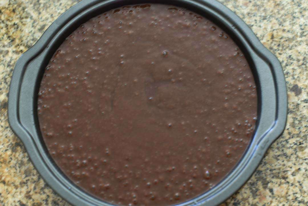 Chocolate Cake with Raspberries for Wine Tasting - Pour batter into pan