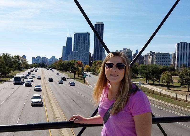 Walk through Lincoln Park in Chicago - Sarah on Pedestrian Walkway across Lake Shore Drive